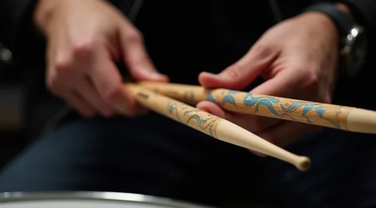Main de batteur tenant des baguettes de batterie personnalisées avec motifs colorés