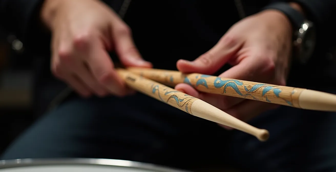 Main de batteur tenant des baguettes de batterie personnalisées avec motifs colorés