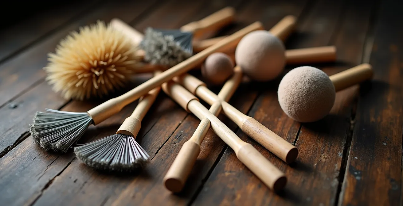 Collection d'outils alternatifs pour batterie disposés artistiquement